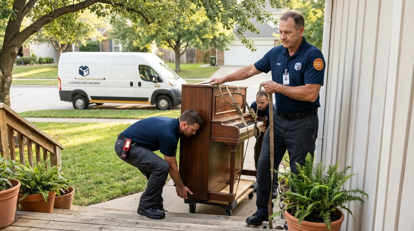 Licensed piano movers securing grand piano in Tooele, UT